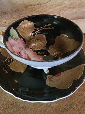 Vintage Hand Painted Trimont China Black and Gold Floral Teacup and Saucer